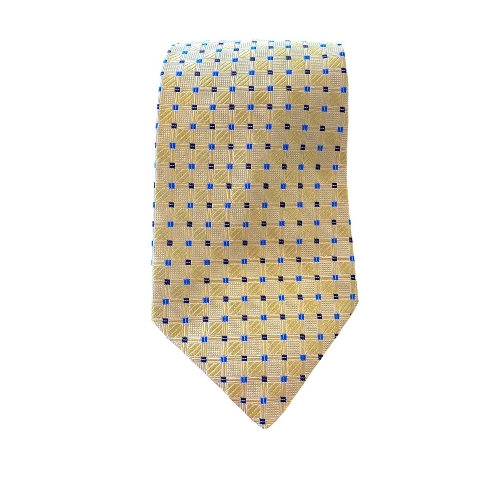 Tommy Hilfiger 100% Silk Yellow Blue Square Pattern Men's‎ Necktie